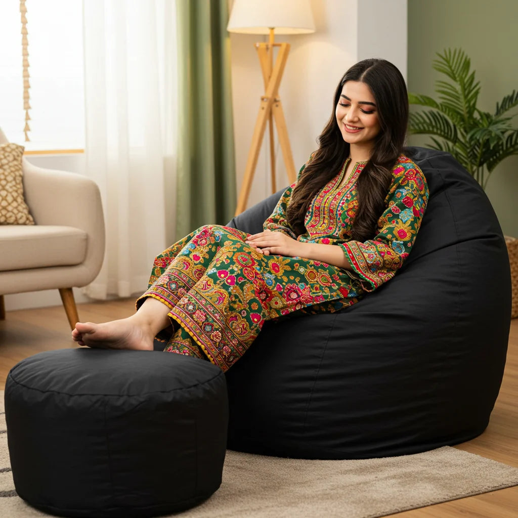 Parachute Bean Bag - Solid Color - Black (with free foot stool)