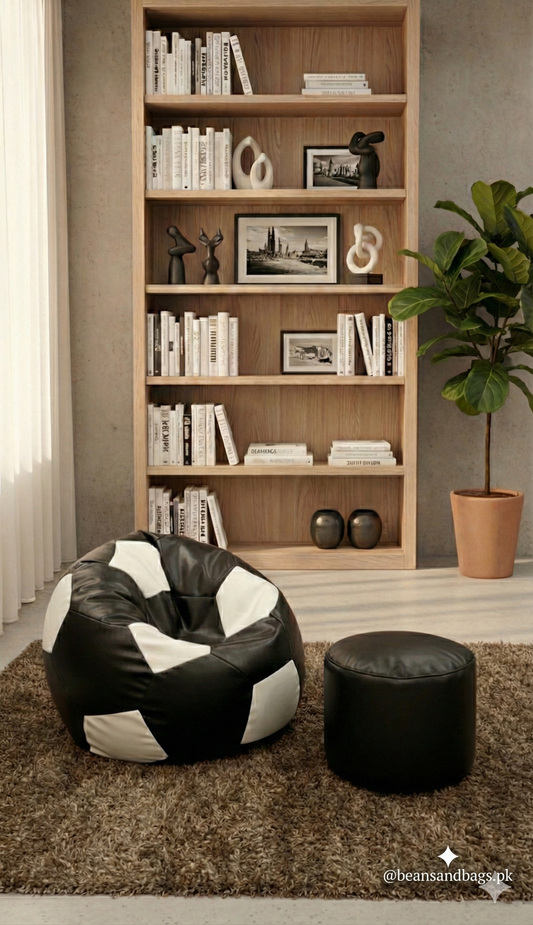 Black and white football leather bean bag with free footstool