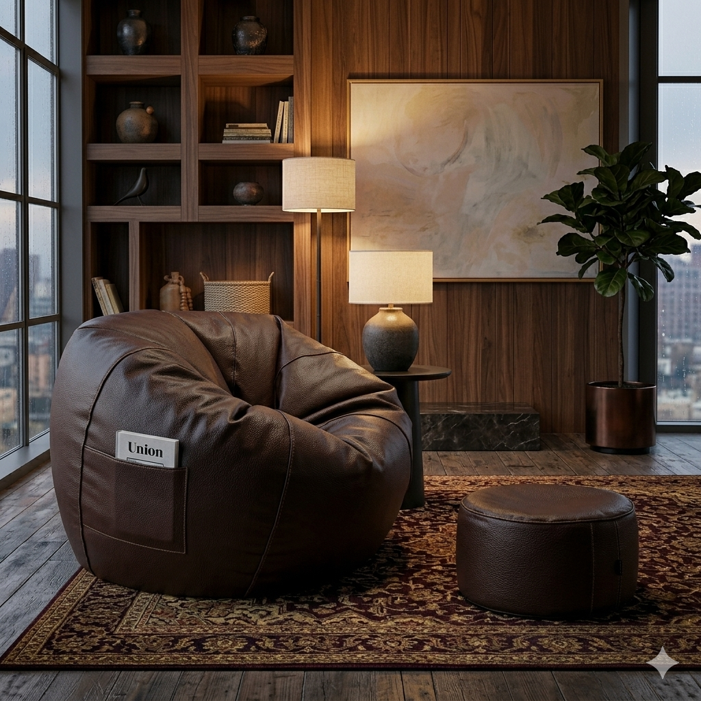 Leather bean bag - Dark brown with free footstool
