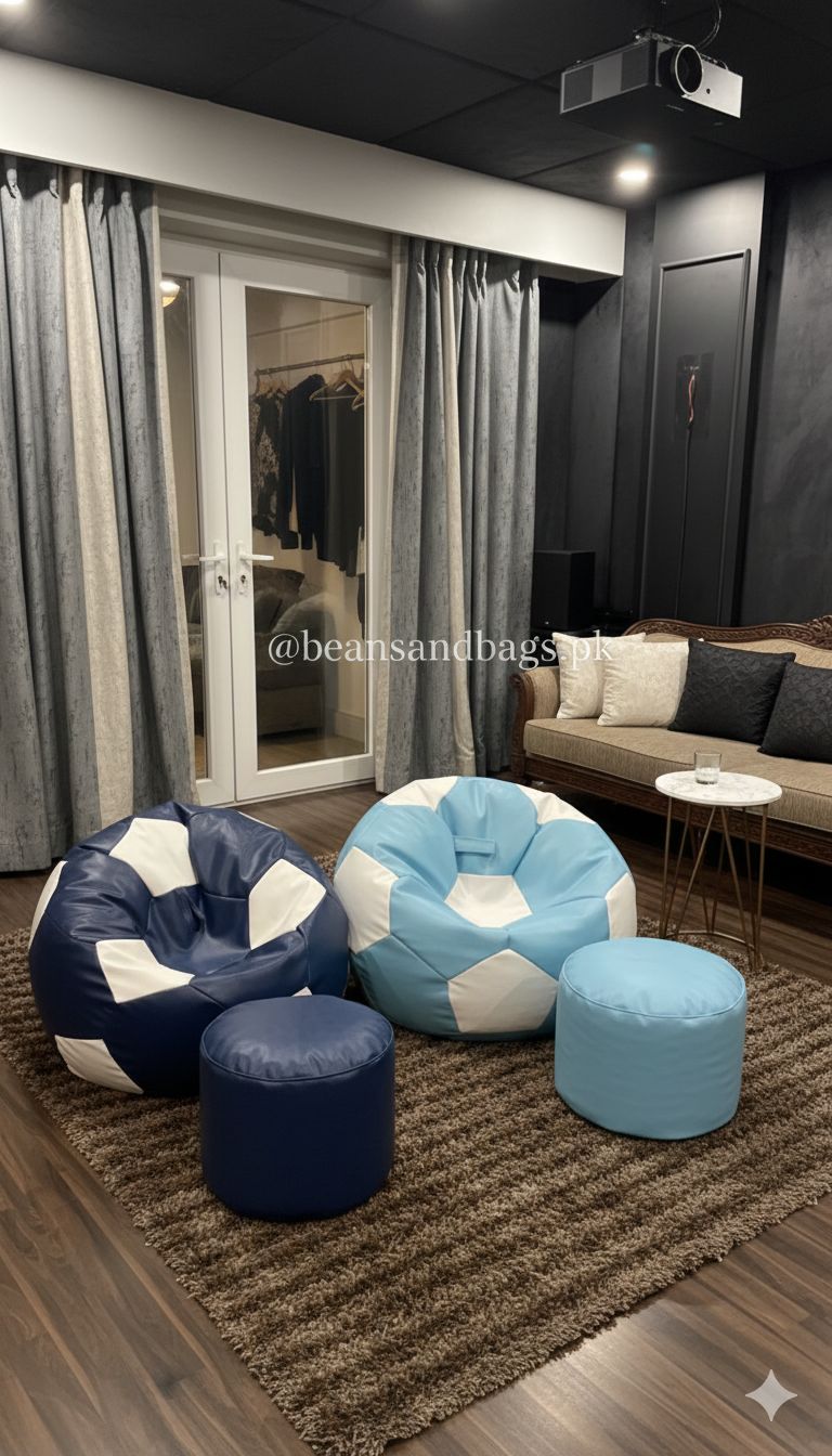 Black Leather Bean Bag football (Single set of One Bean bag and footrest)