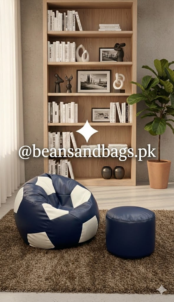 Black Leather Bean Bag football (Single set of One Bean bag and footrest)